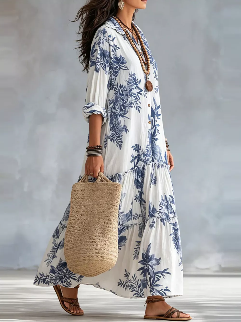Printed Button Front Maxi Dress, image 3