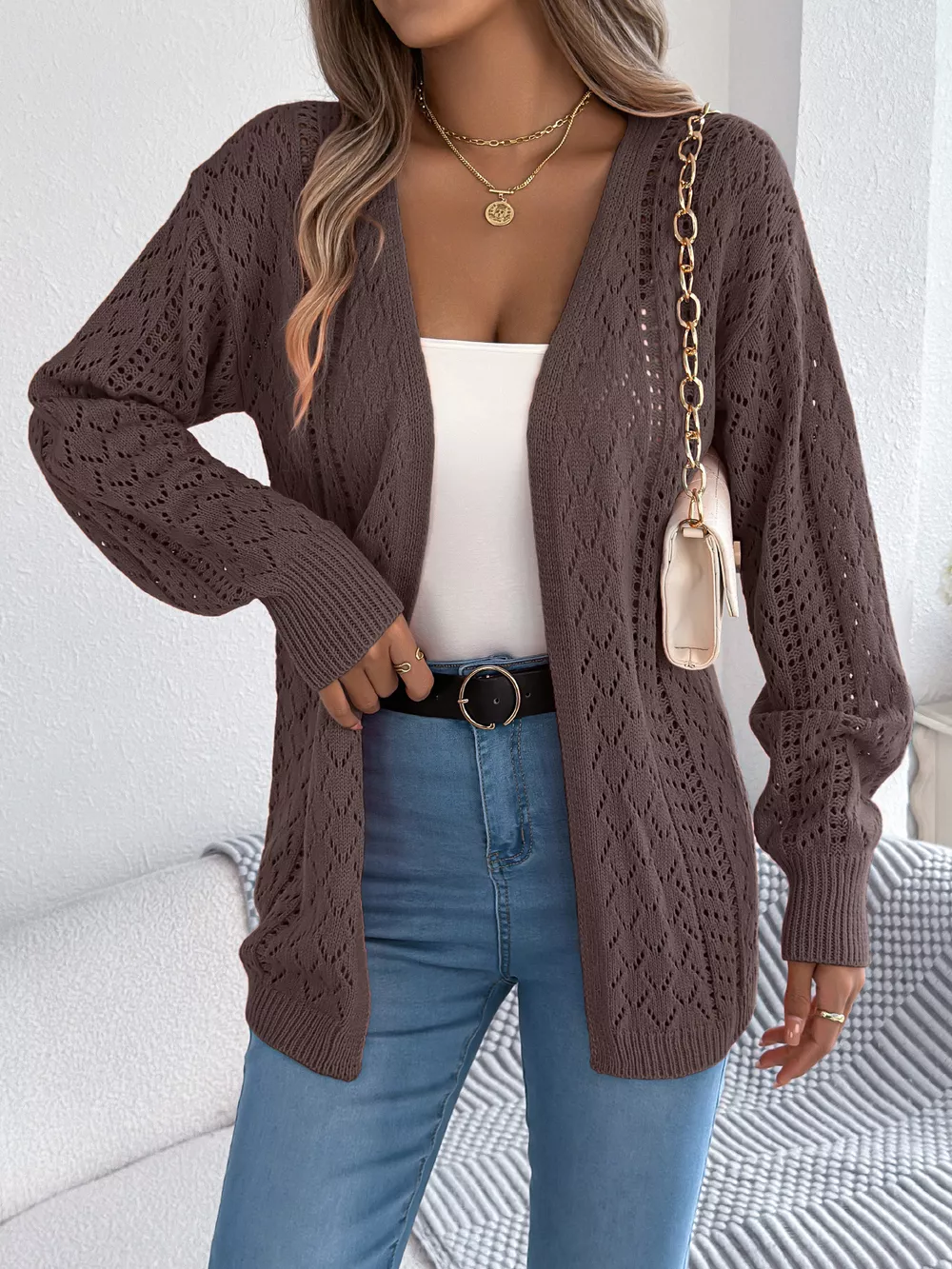 Openwork Open-Front Long Sleeve Cardigan, image 16