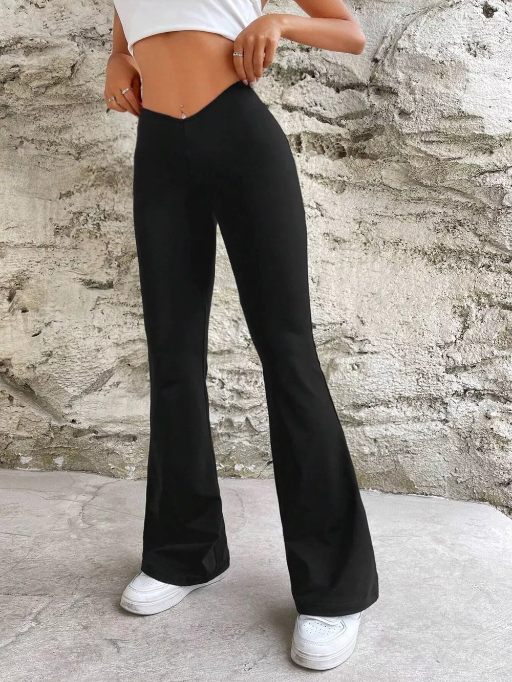 High-Waisted V-Cut Flare Leg Pants, image 2