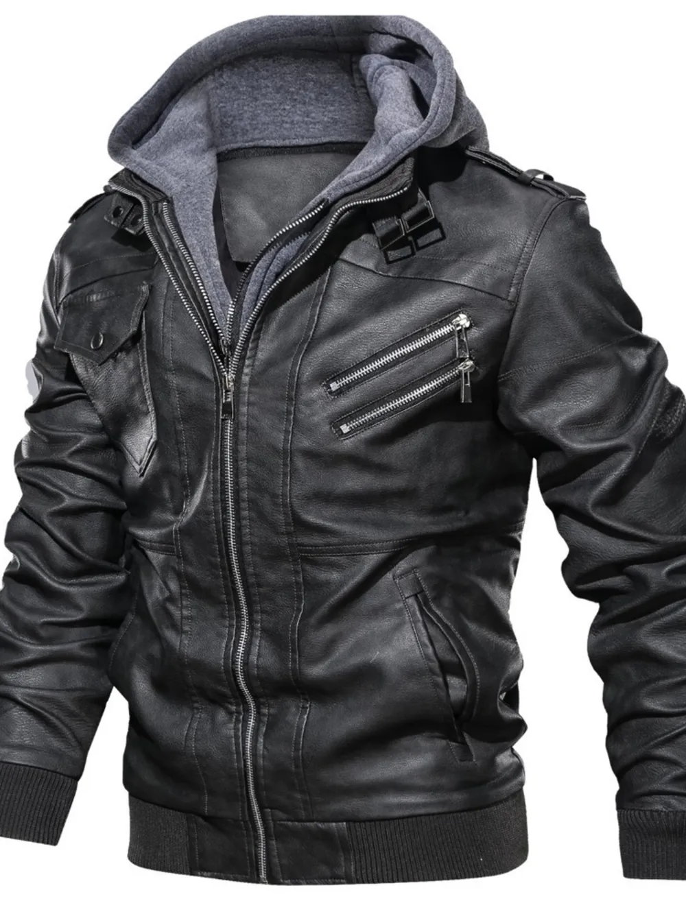 Men's Full Size Hooded Faux Leather Motorcycle Jacket Plus Size