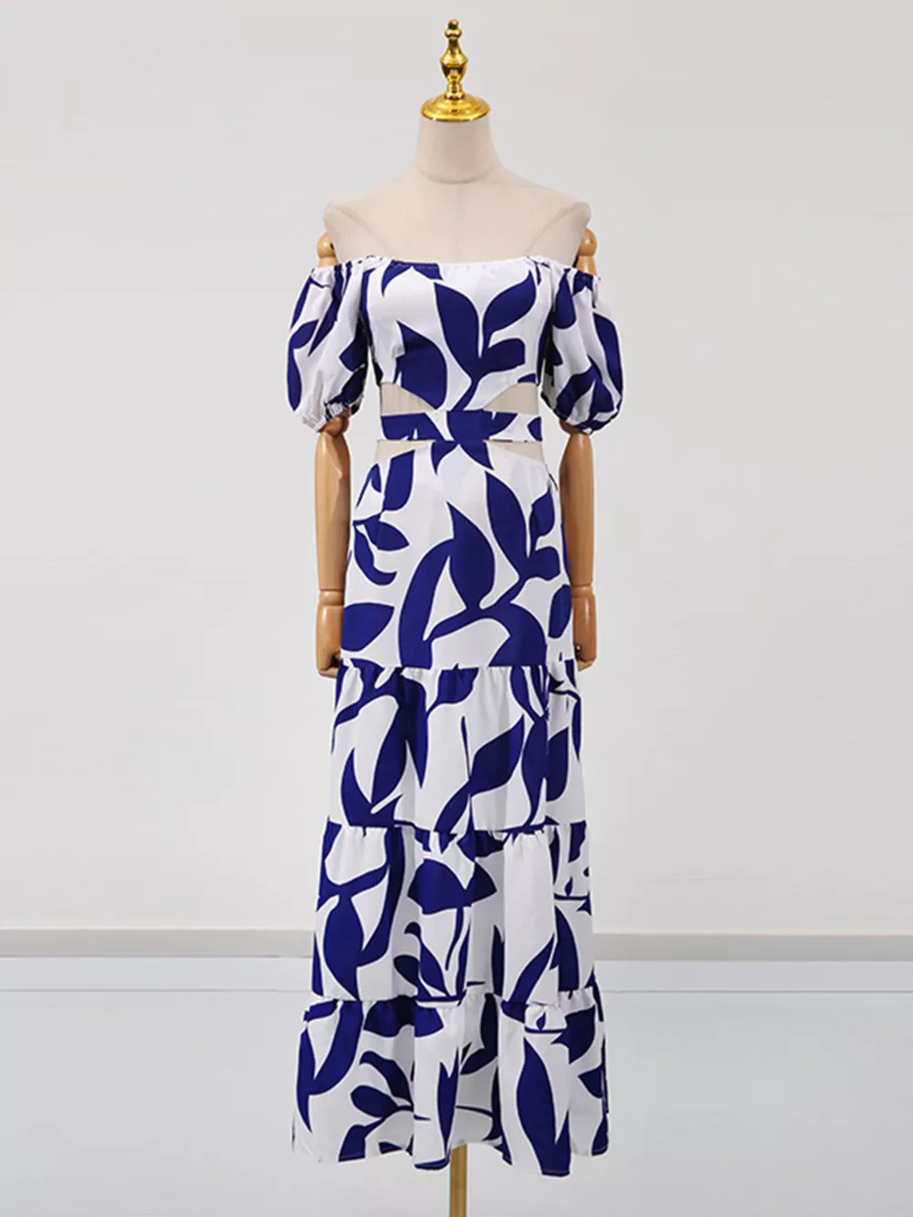 Off-Shoulder Cutout Leaf Print Maxi Dress, image 7