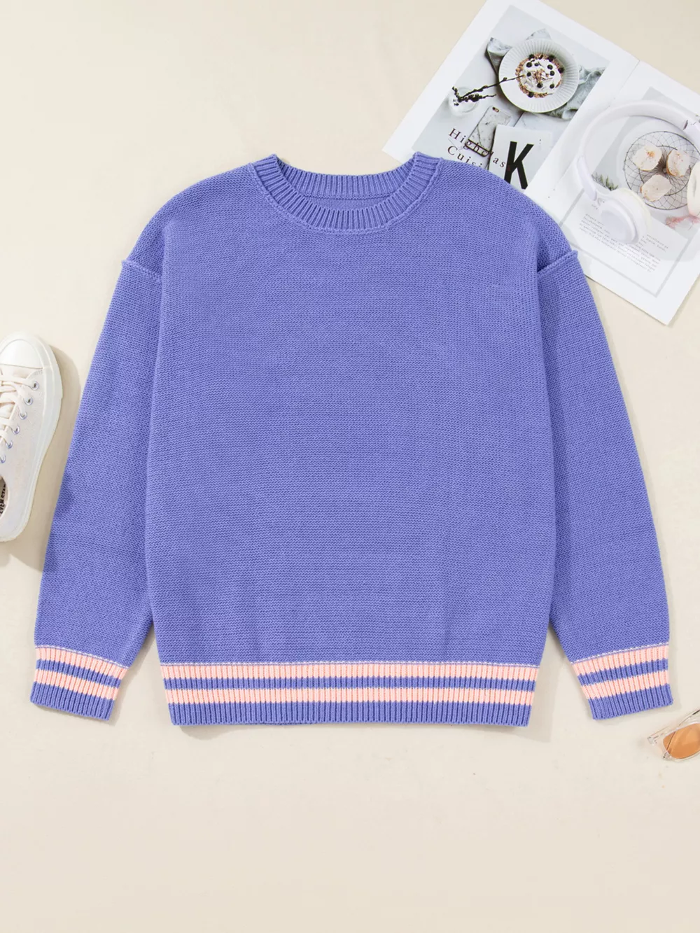 Plus Size Striped Trim Drop Shoulder Knit Loose Sweater, image 9