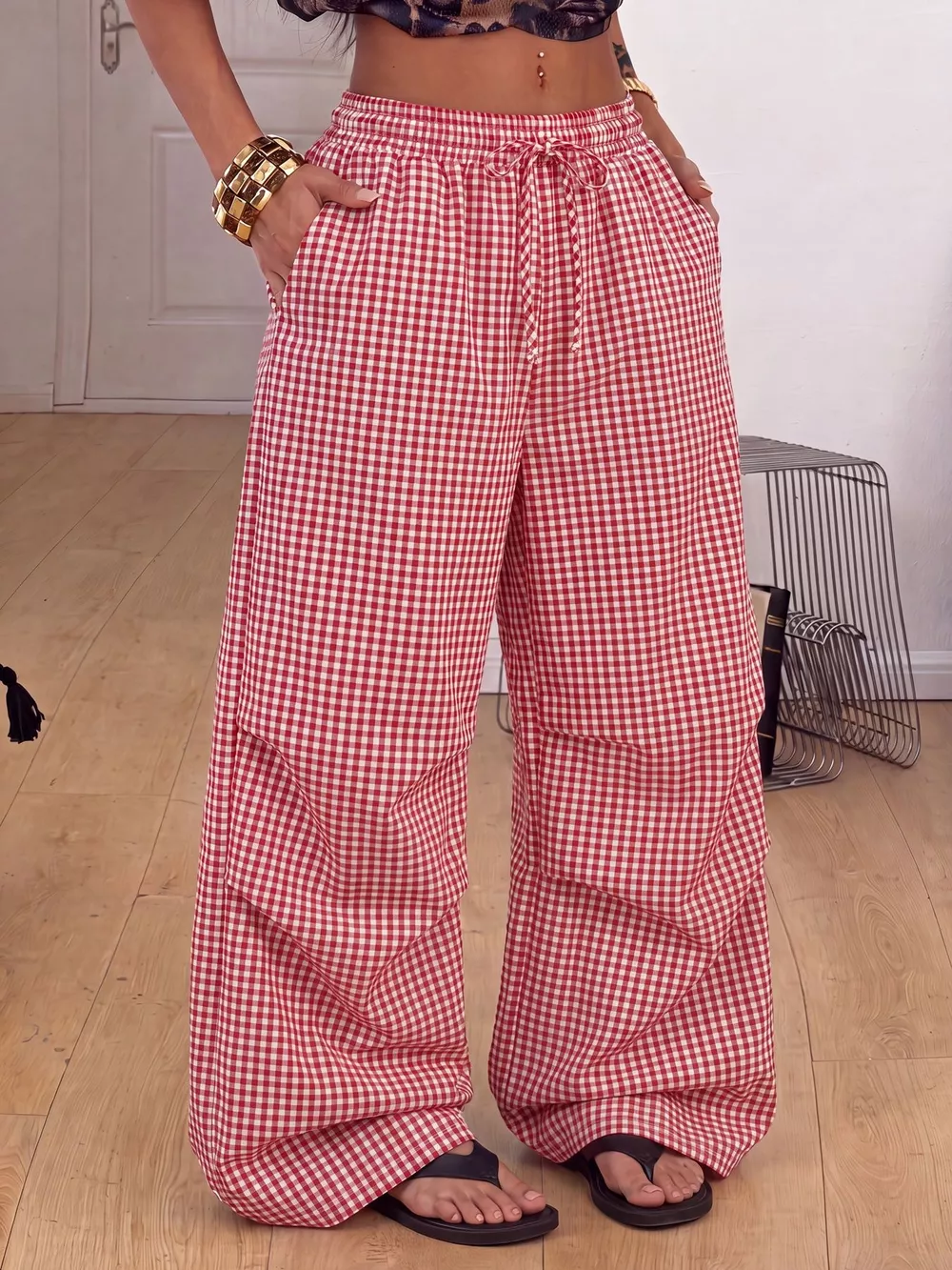 High-Waisted Gingham Wide-Leg Drawstring Pants, image 2