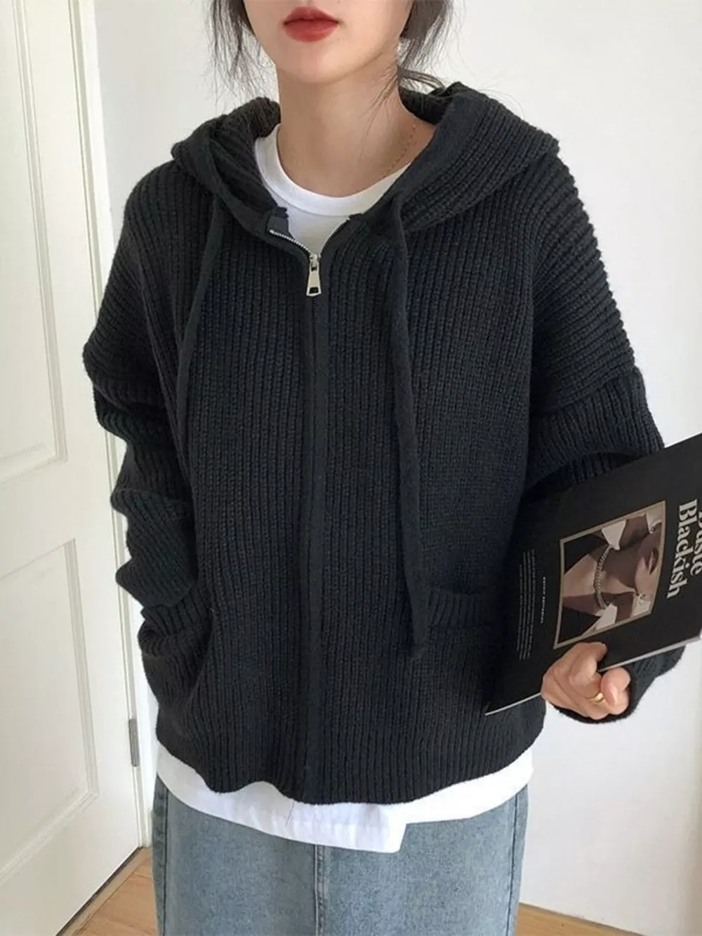 Casual Knitted Zip-Up Hooded Cardigan, image 12