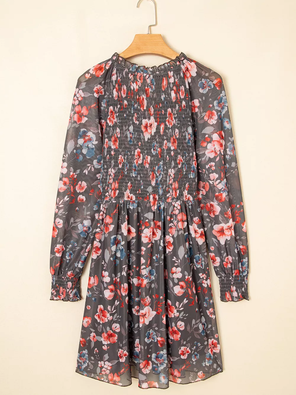 Frilly Smocked Bodice Floral Mesh Long Sleeve Mini Dress, image 11
