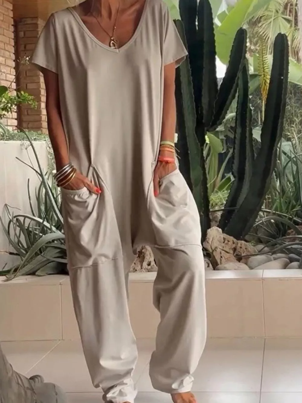 Full Size Loose Fit V-Neck Short Sleeve Wide Leg Jumpsuit Plus Size, image 6