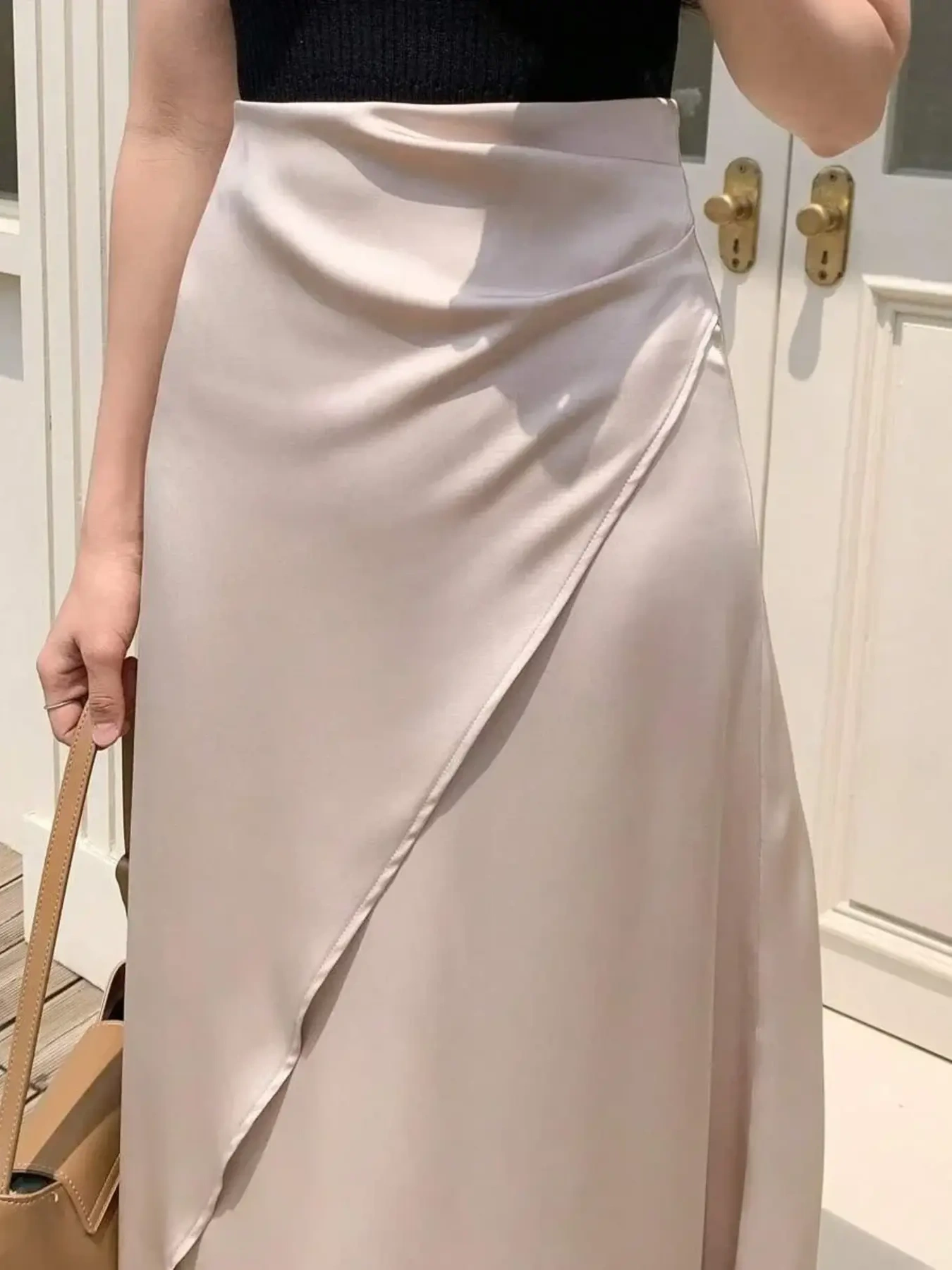 Asymmetric Wrap Midi Skirt with Fluted Hem, image 12