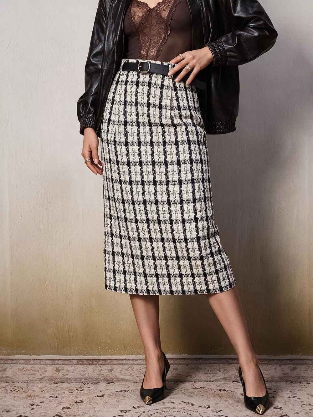 High-Waisted Tweed Plaid Midi Skirt