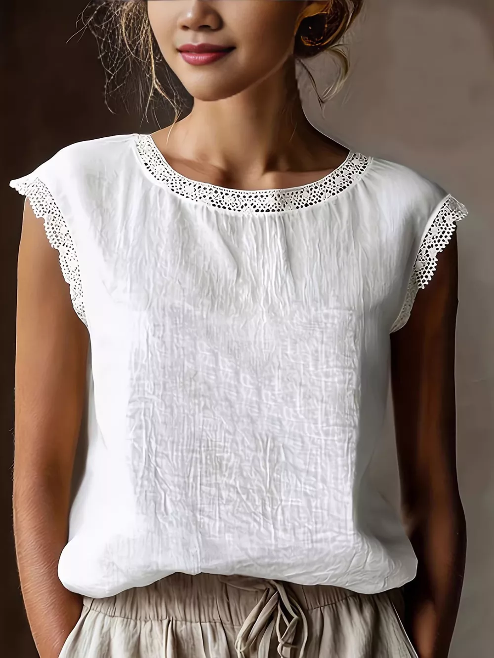 Lace Trim Round Neck Sleeveless Blouse, image 5