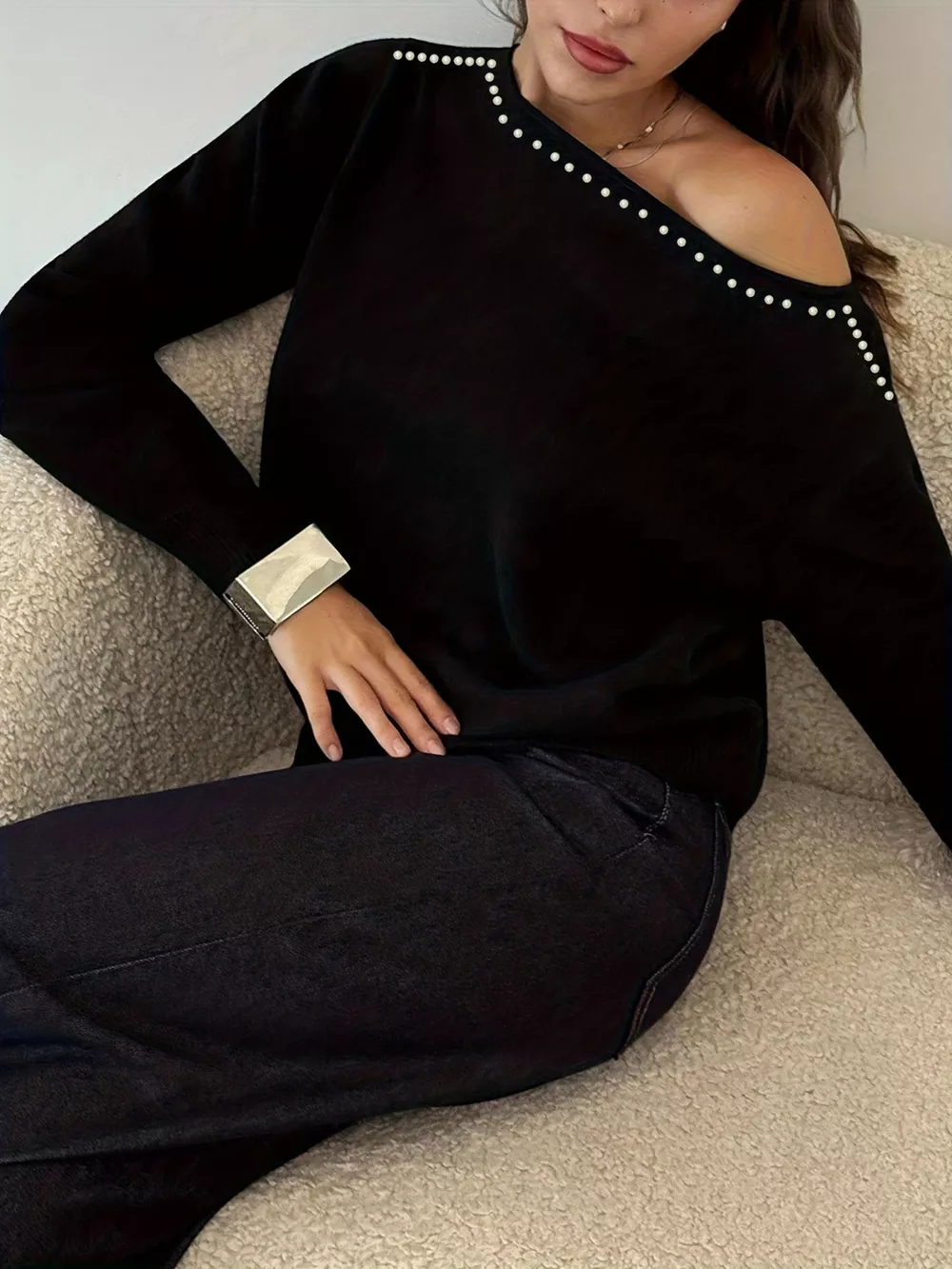 Studded Single Shoulder Knit Top, image 2