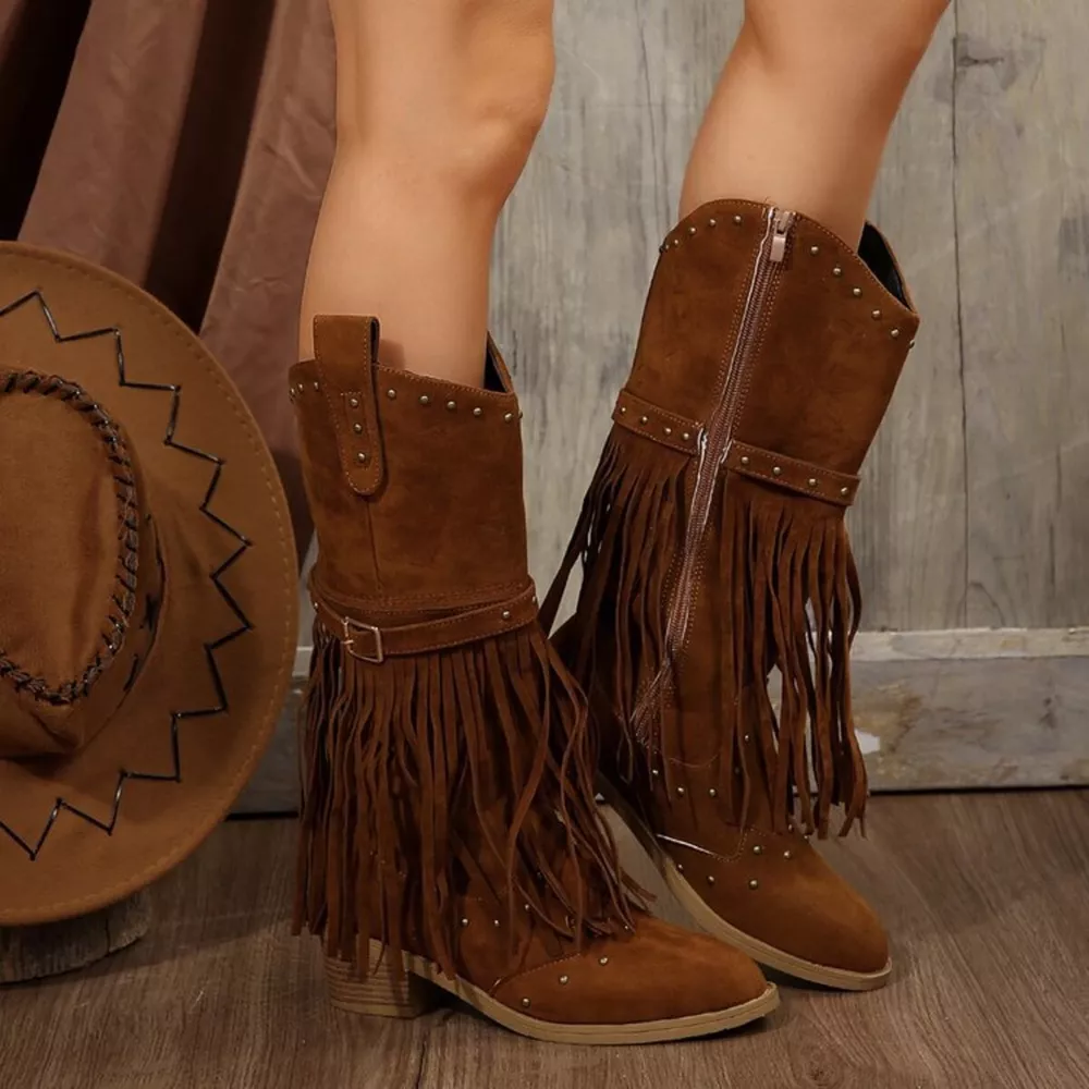Fringe Point Toe Block Heels Boots, image 15