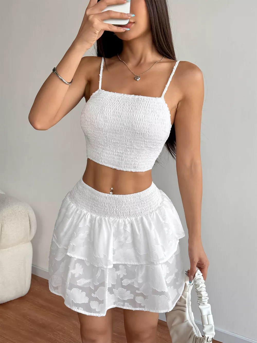 Smocked Crop Top & Ruffle Mini Skirt Set, image 9