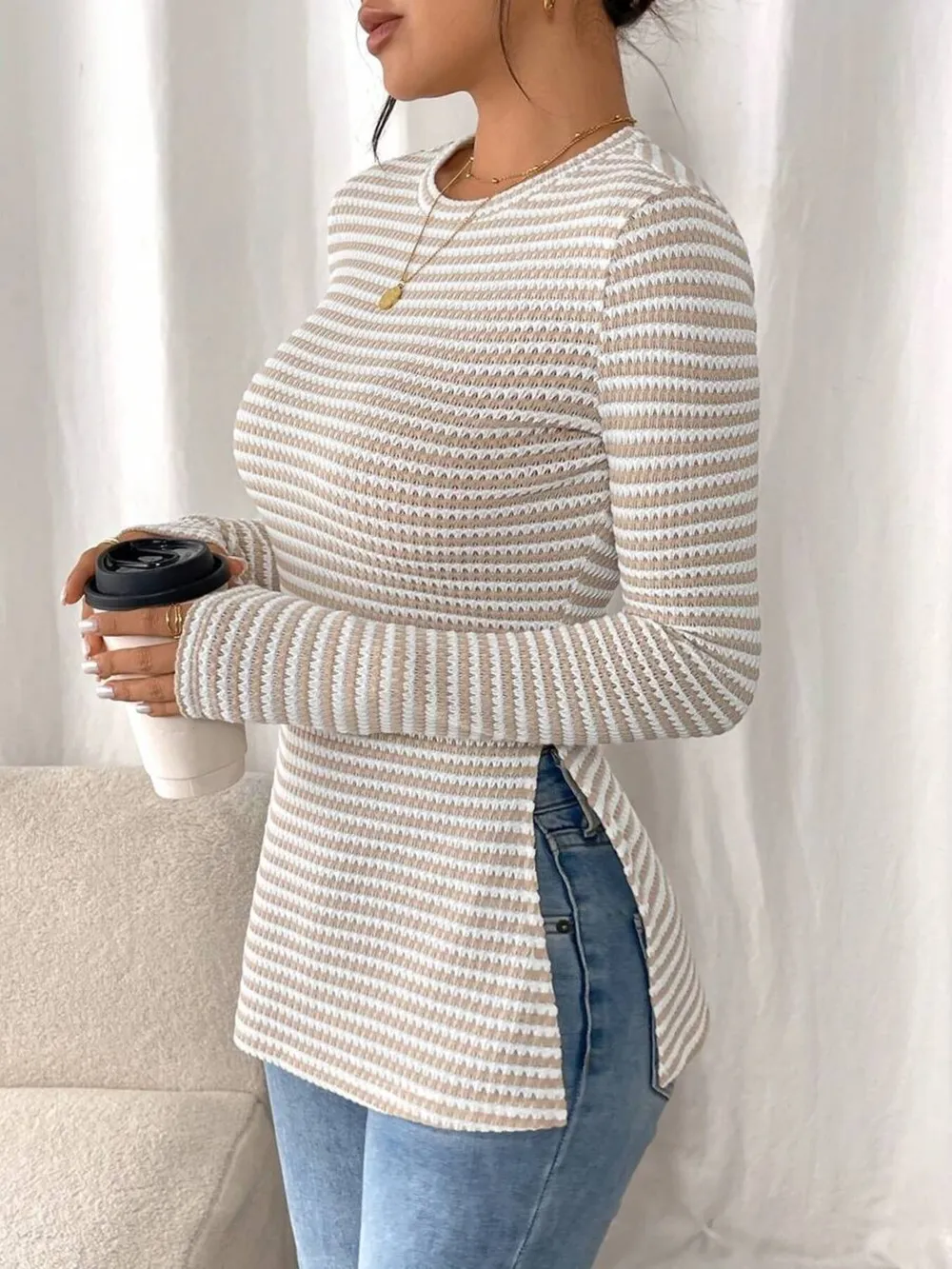 Side Slit Striped Long Sleeve T-Shirt, image 6