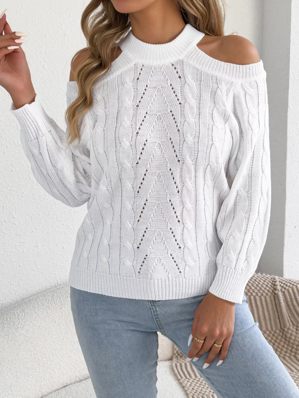 Cold Shoulder Cable Knit Sweater, image 12
