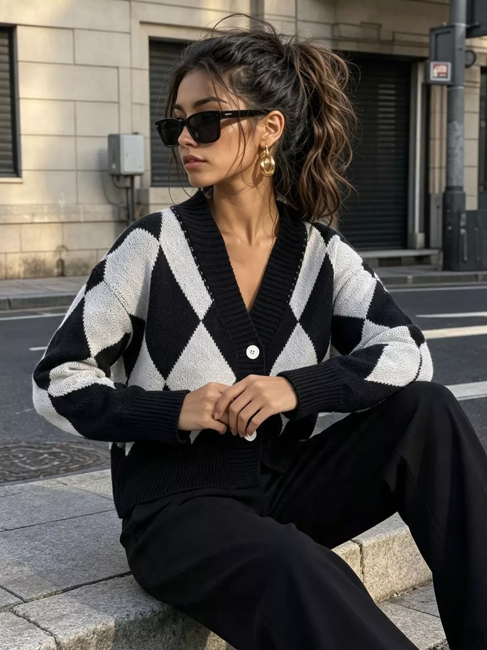 Argyle Pattern V-Neck Button-Down Cardigan, image 3