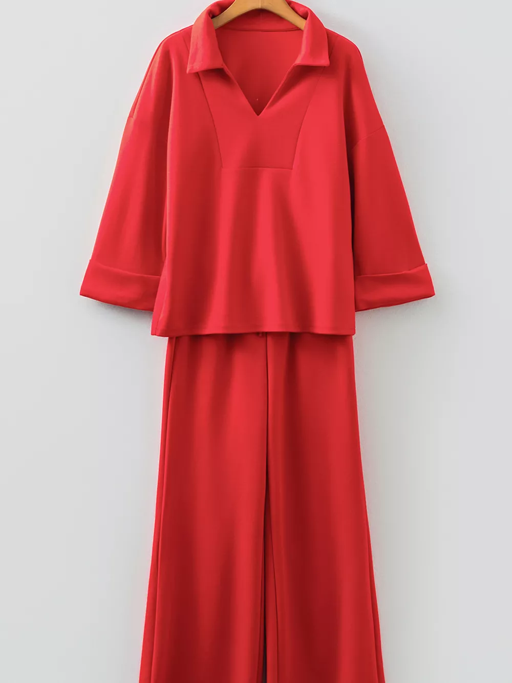 Polo Collar V Neck 3/4 Sleeve Pullover Drawstring Bell Bottom Pants 2pcs Set, image 10