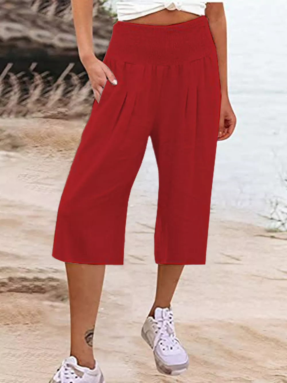 Smocked Wide-Leg Capri Pants, image 7