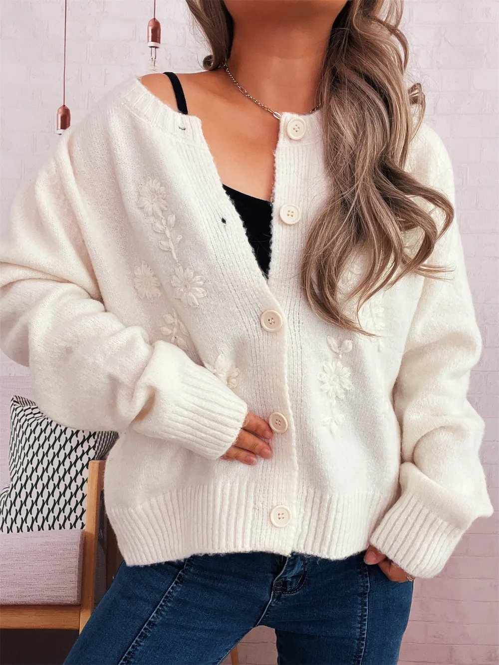 Flower Button Up Ribbed Hem Cardigan, image 2