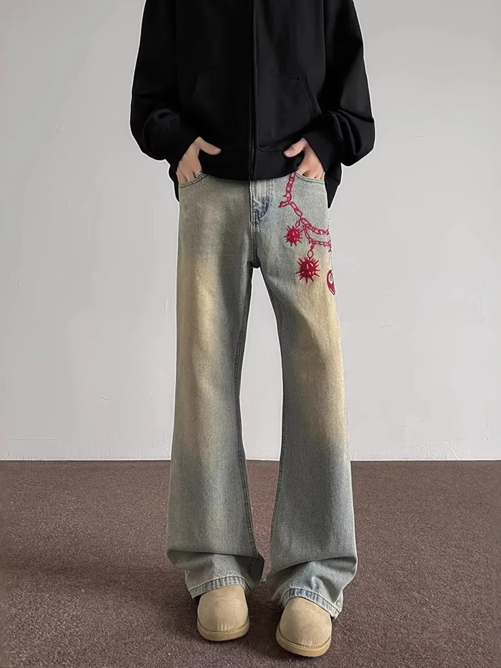 Men's Full Size Embroidered Wide Leg Jeans Plus Size