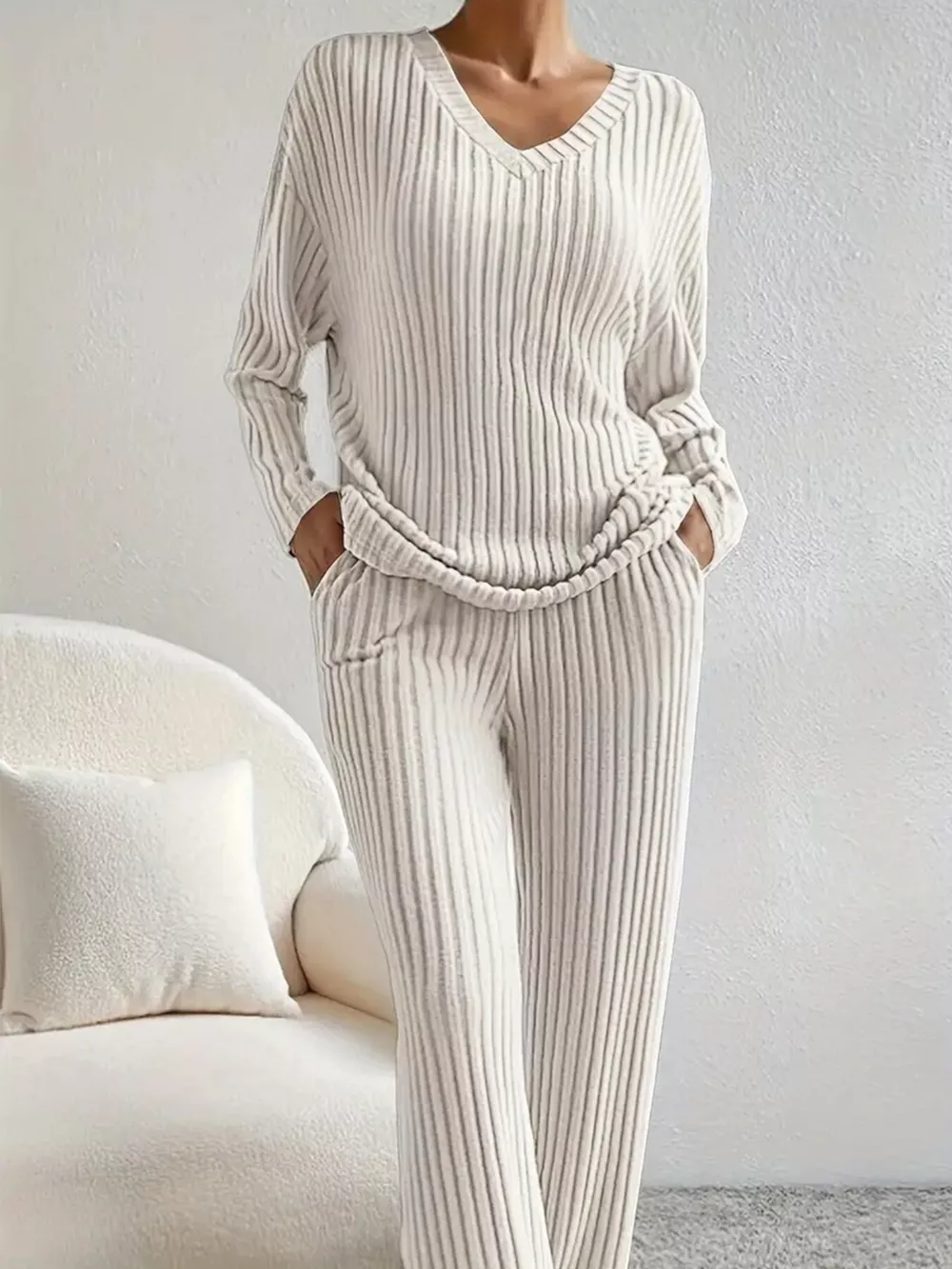 Ribbed Knit V-Neck Top and Pants Set, image 15