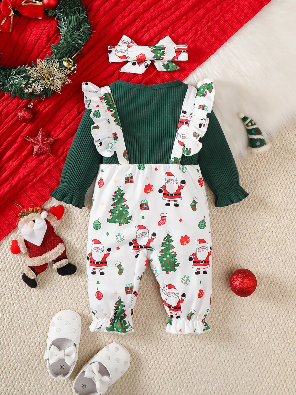 Children's Christmas Santa Print Ruffle Trim Jumpsuit Set with Headband, image 7