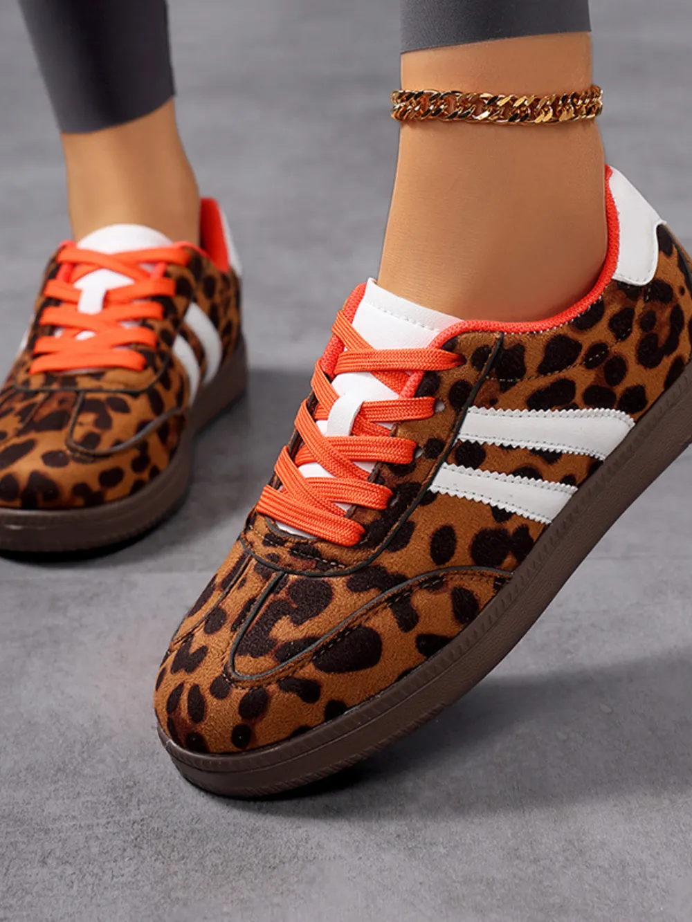 Leopard Print Stripe Detail Lace-up Sneakers, image 4