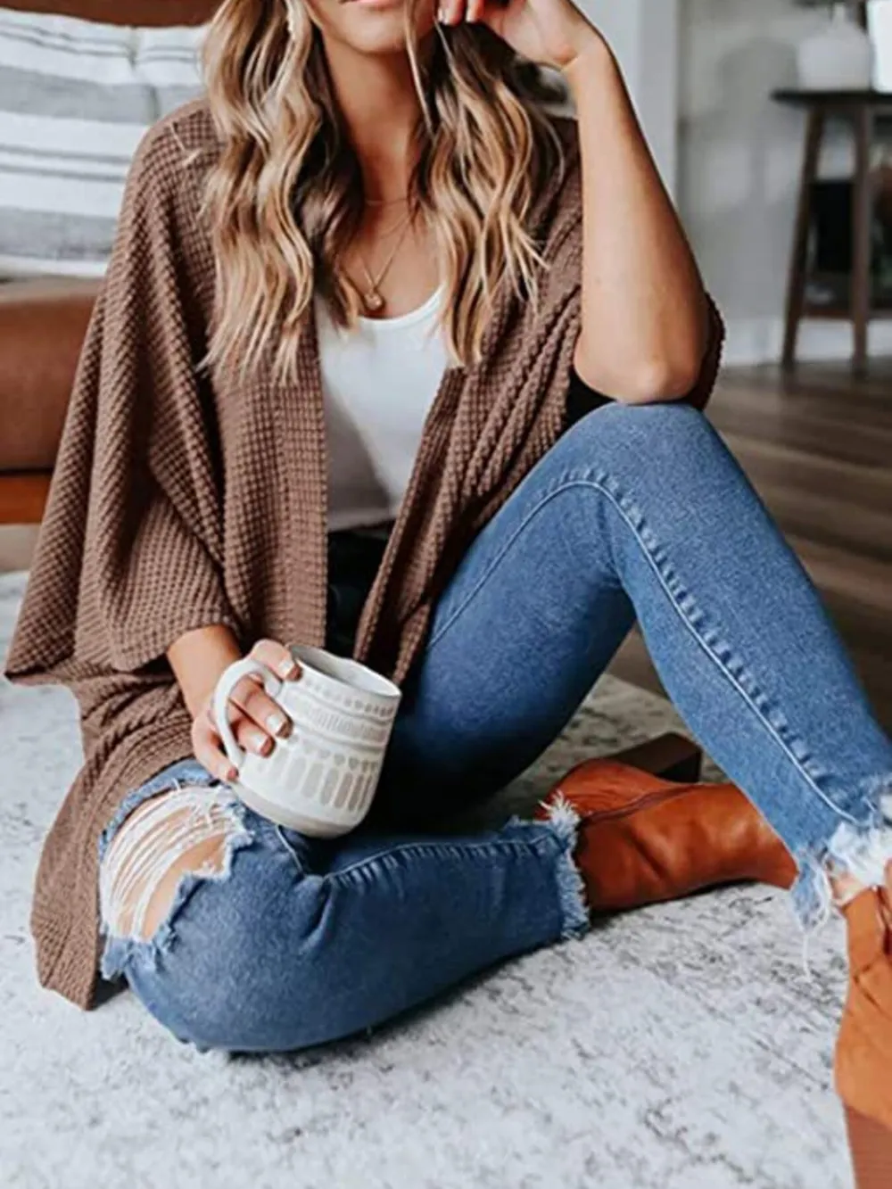 Full Size Open Front Waffle Knit Cardigan Plus Size, image 38
