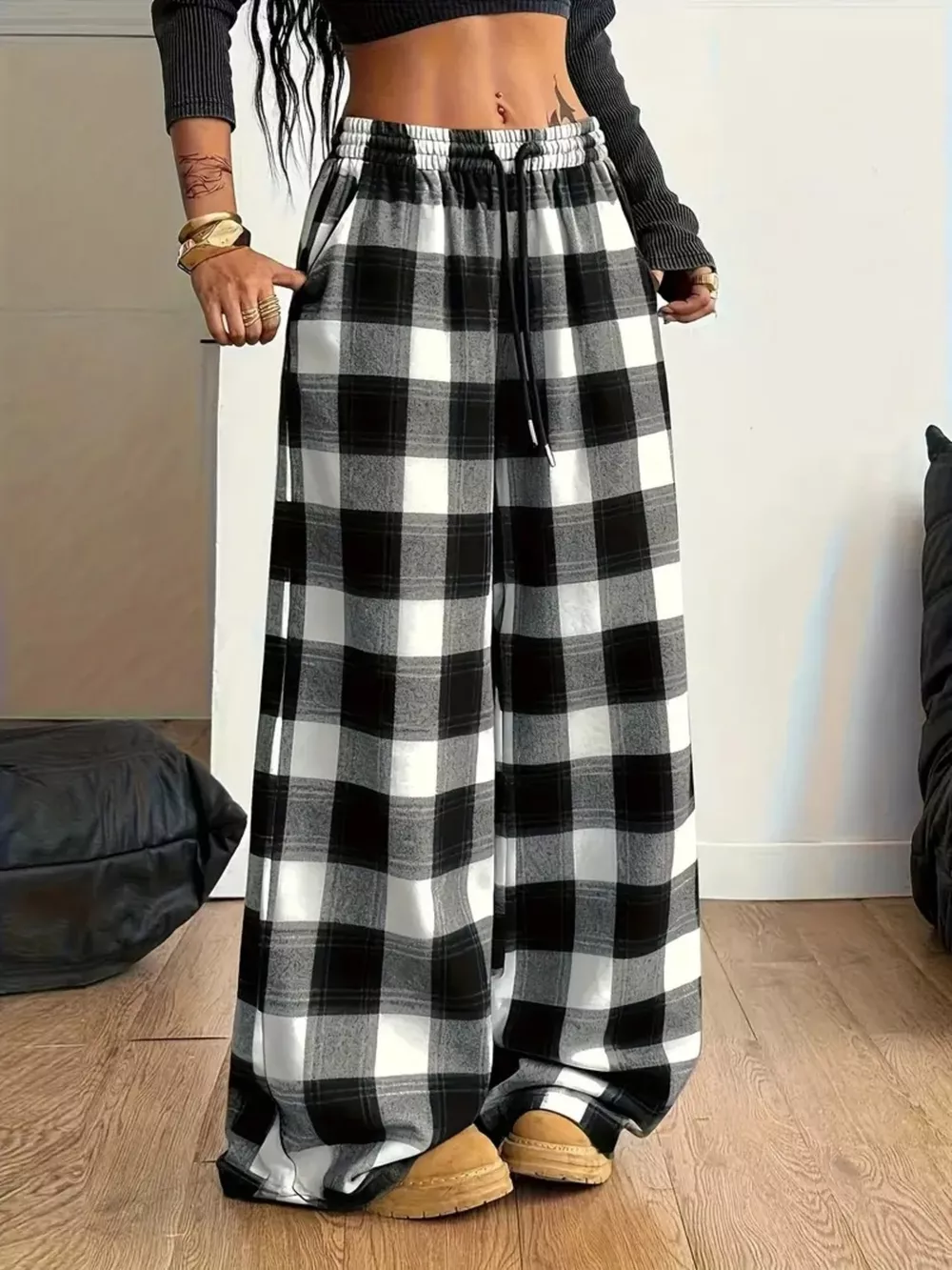 Plus Size Plaid Wide-Leg Drawstring Pants, image 2