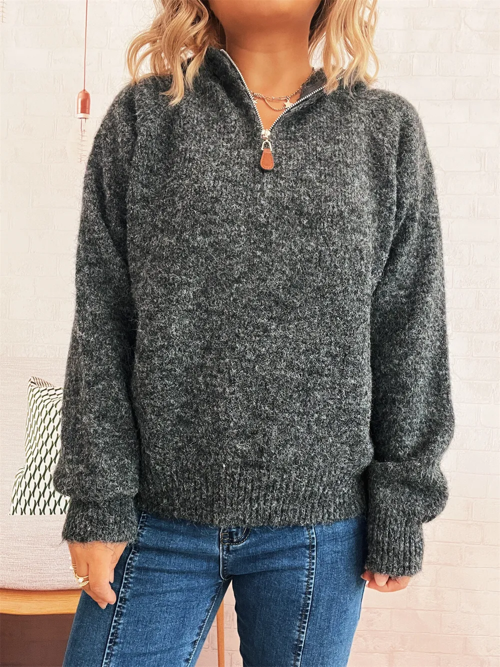 Quarter Zip Ribbed Hem Sweater, image 16