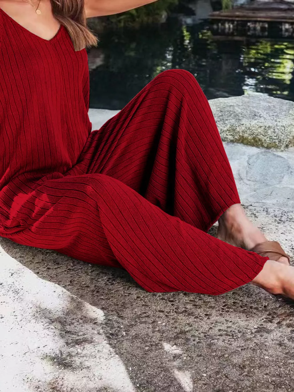 Ribbed V-Neck Wide Leg Jumpsuit, image 9