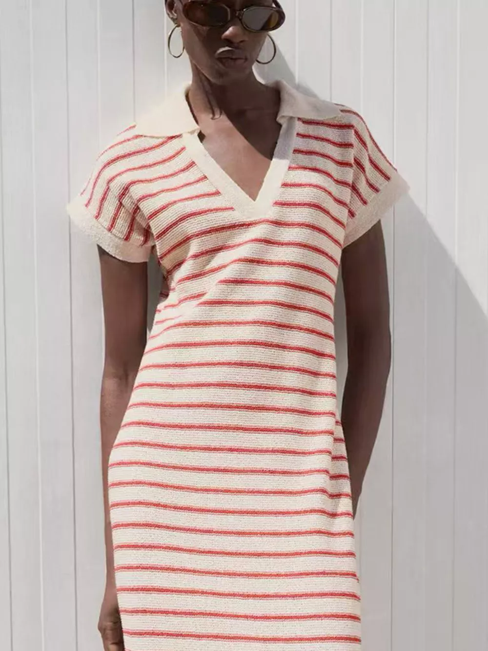 Striped Slit Short Sleeve Maxi Dress