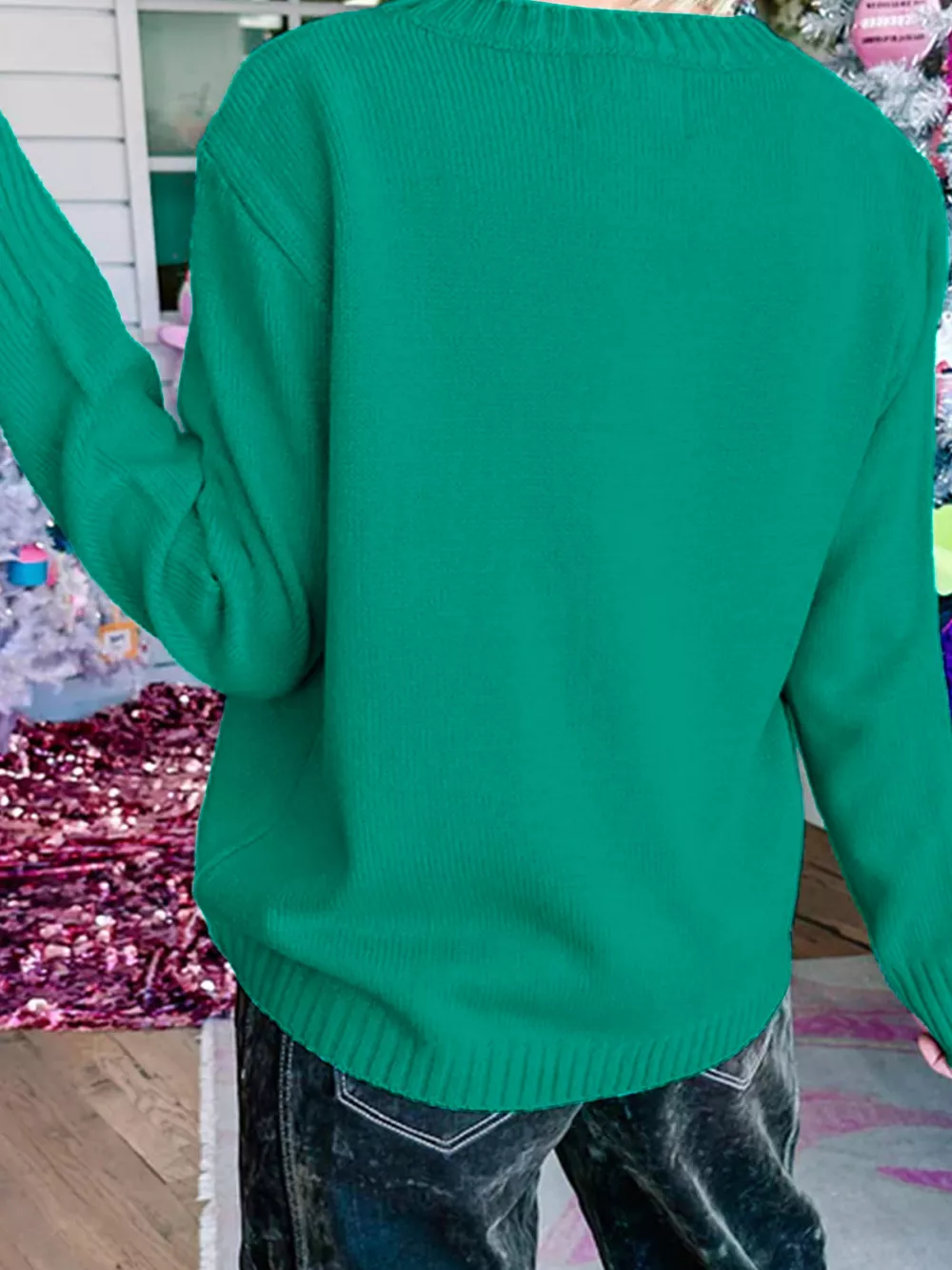 Merry Print Ribbed Trim Round Neck Loose Fit Sweater, image 14