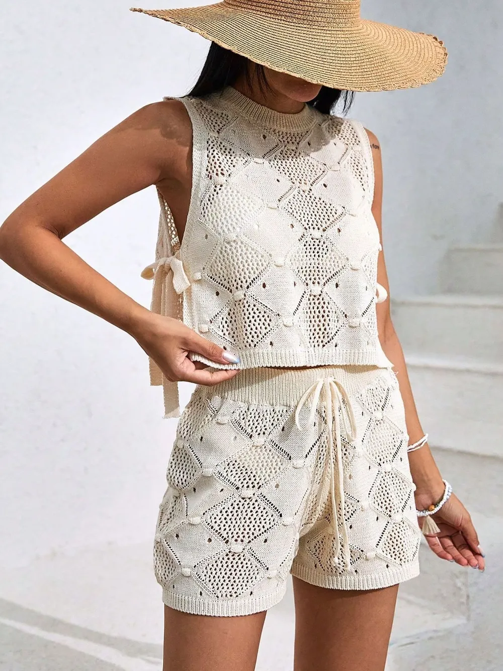 Diamond Pattern Sleeveless Top and Shorts Knit Set, image 12