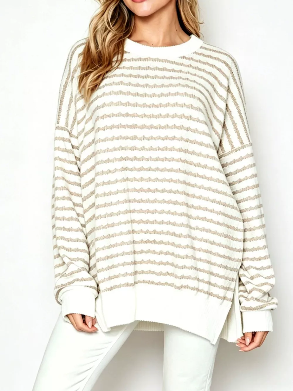 Oversized Striped Crew Neck Sweatshirt, image 3