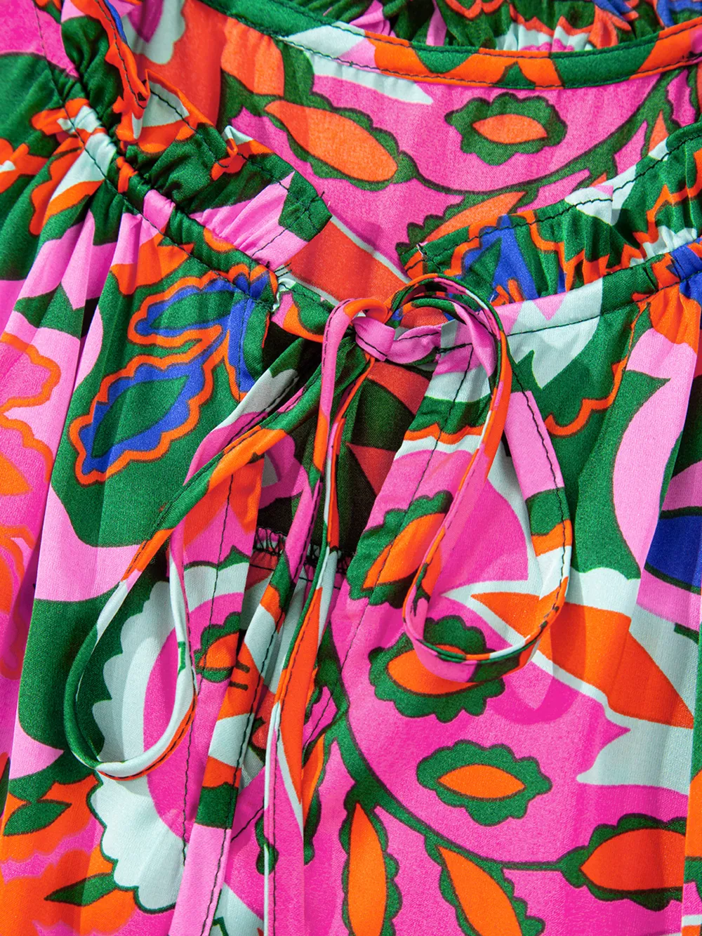 Tropical Print Short Sleeve Tie Neck Blouse, image 13