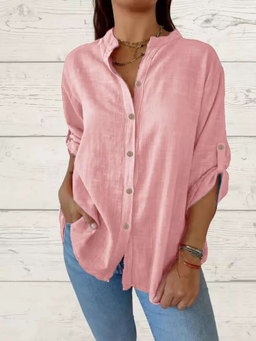 Full Size Casual Button-Down Roll-Up Sleeve Shirt Plus Size, image 6