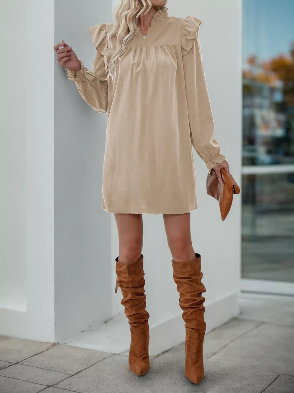 Ruffled Notched Long Sleeve Dress, image 3