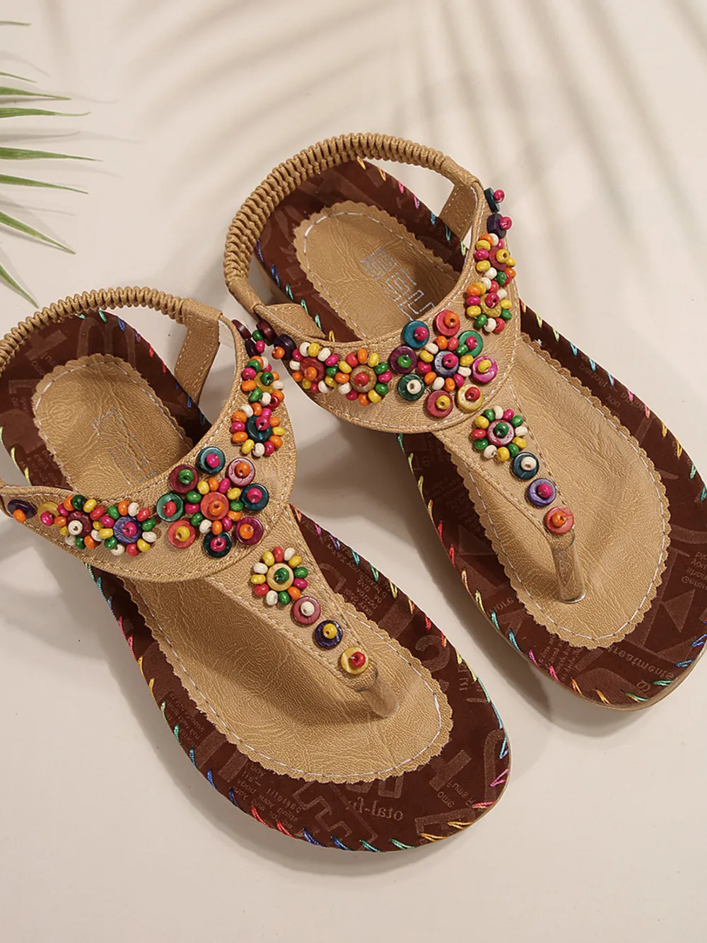 Colorful Beaded T-Strap Flat Sandals, image 4