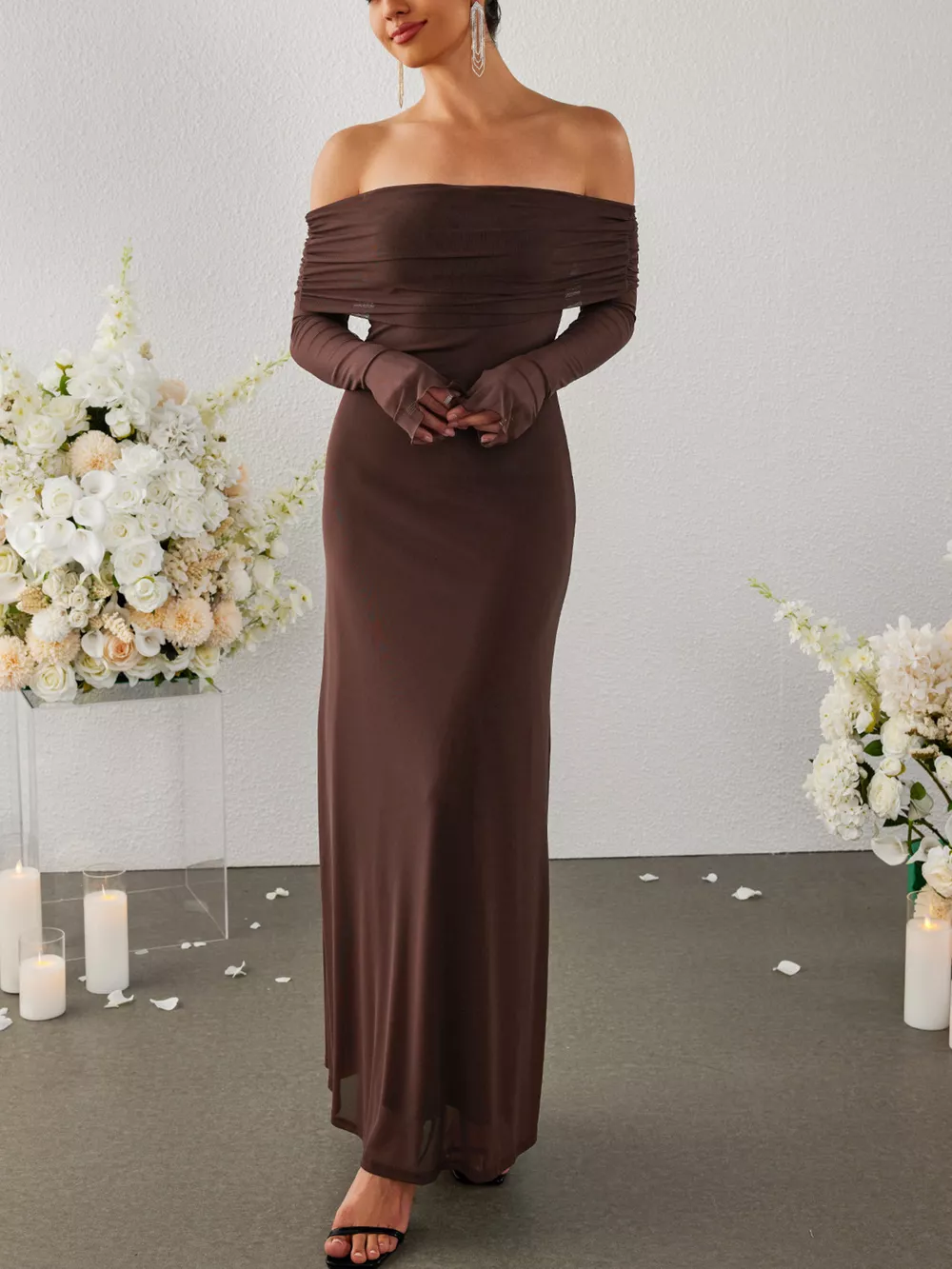 Off-Shoulder Ruched Long Sleeve Maxi Dress, image 19