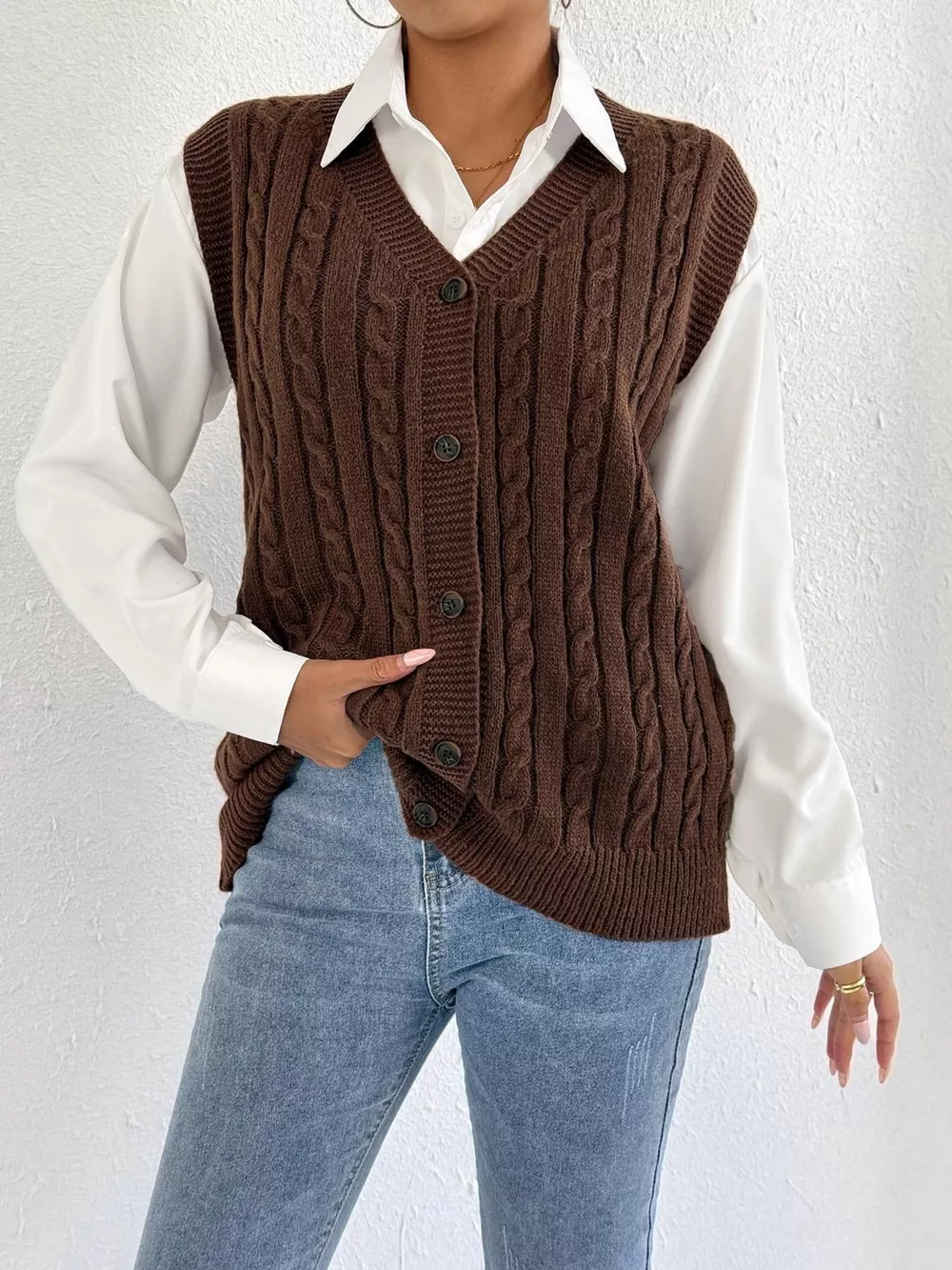 Cable-Knit Button-Up Sweater Vest, image 2