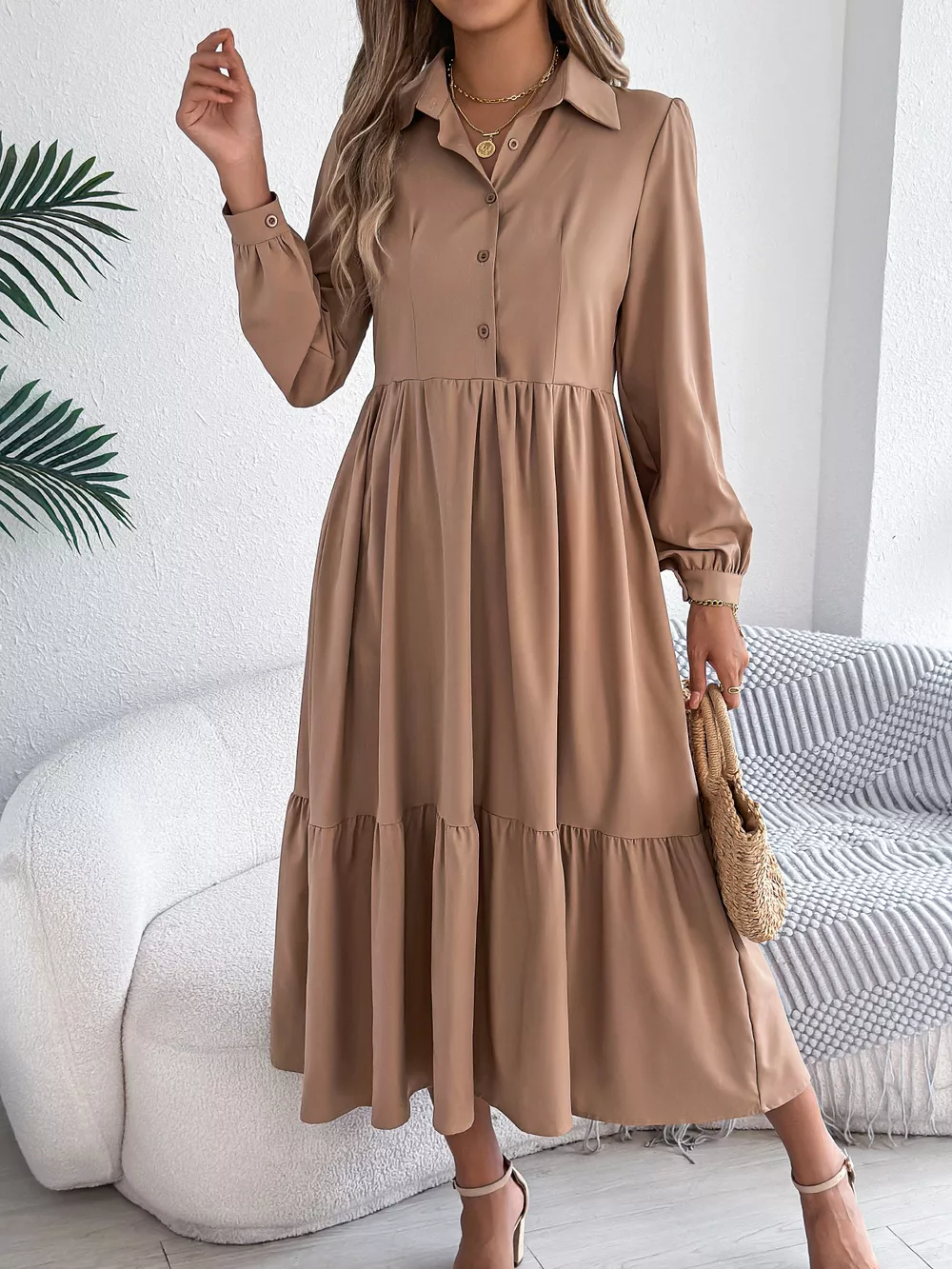 Long Sleeve Tiered Button Front Midi Dress, image 27