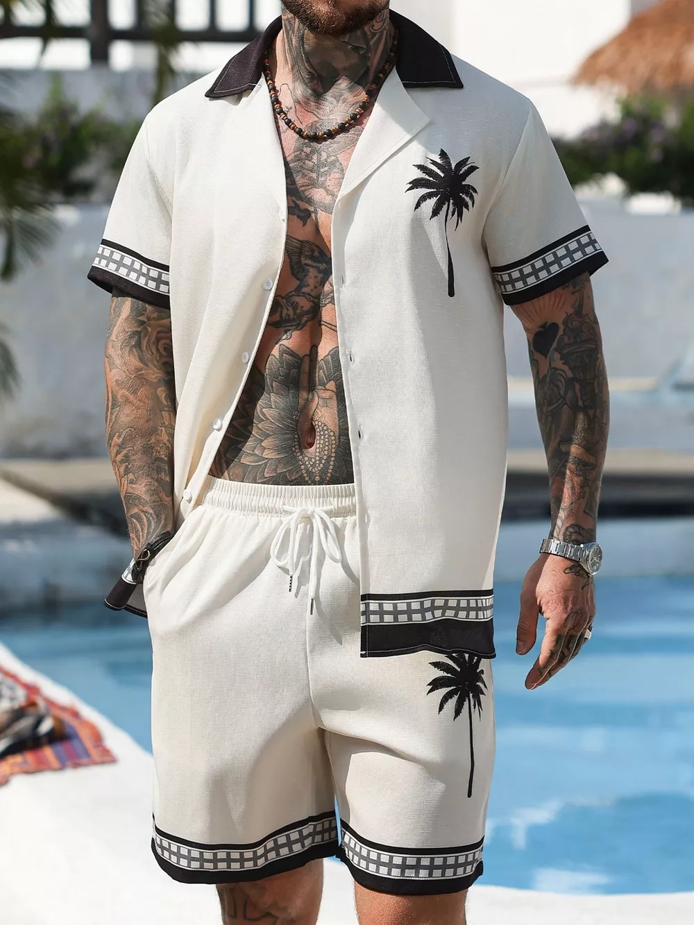 Men's Tropical Palm Tree Print Short Sleeve Shirt and Shorts Set, image 6
