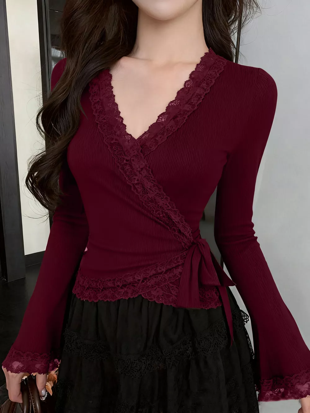 Lace Trim Flare Sleeve Blouse, image 10