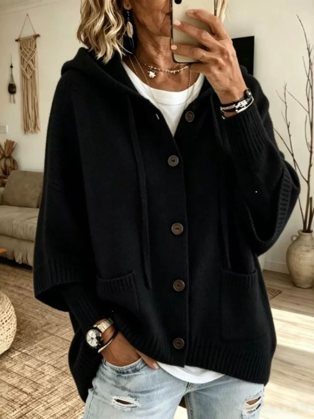 Hooded Button-Down Knit Cardigan, image 9