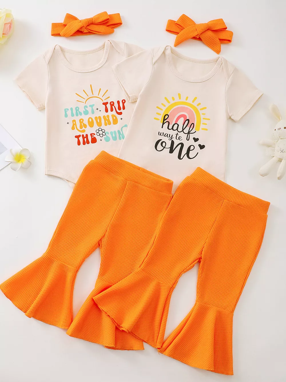 Children's Short Sleeve Bodysuit and Flare Pants Set with Headband, image 2