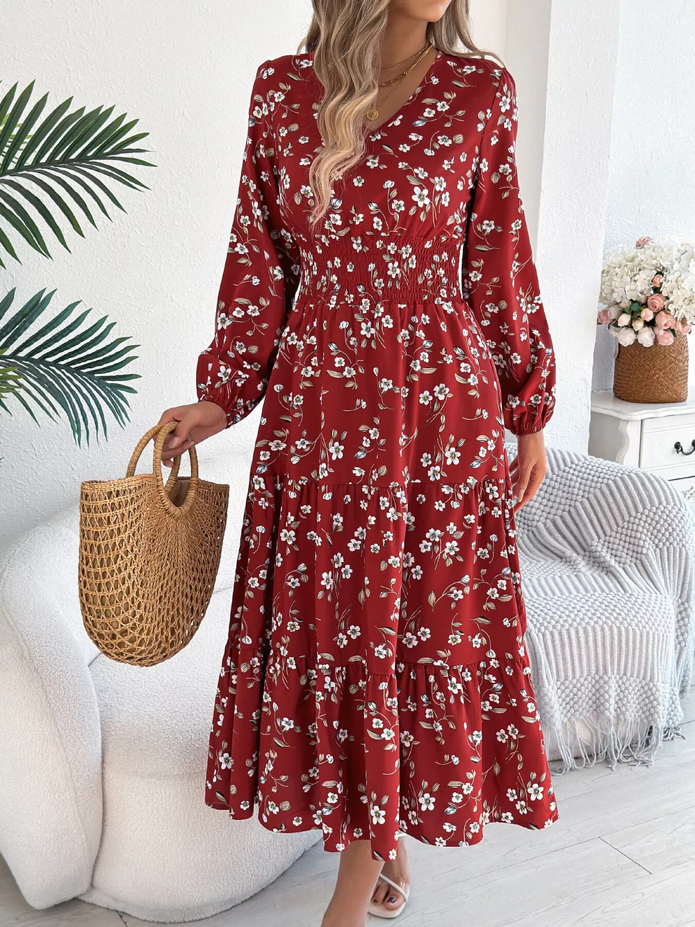 Floral Print Long Sleeve V-Neck Midi Dress, image 17