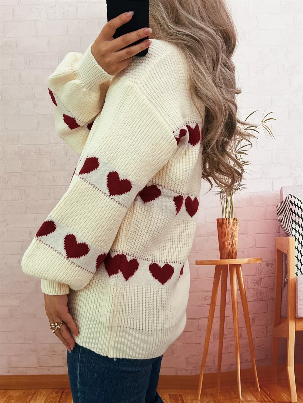Heart Pattern Dropped Shoulder Sweater, image 6