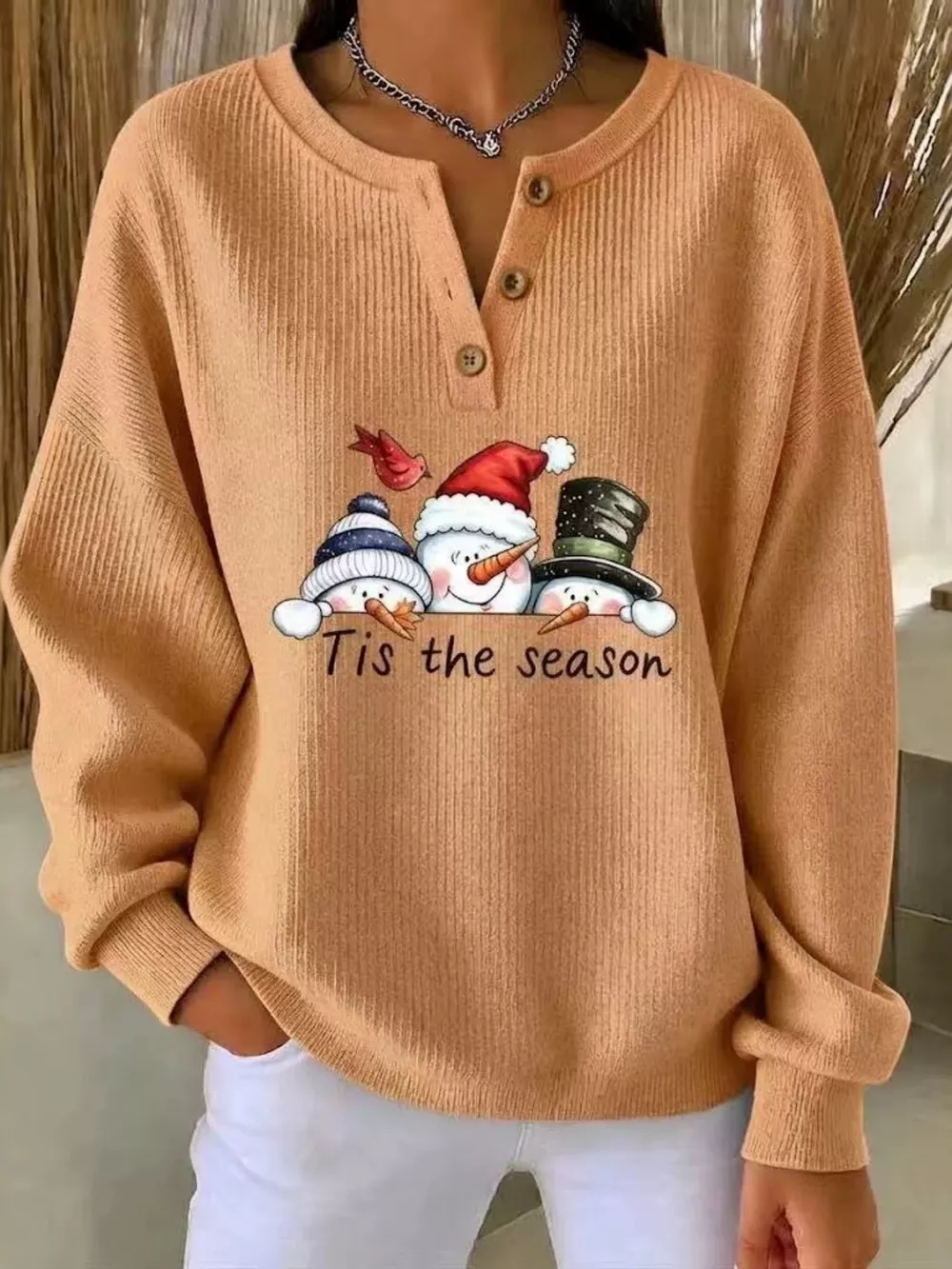 Full Size Christmas Themed Snowman Graphic Ribbed Henley Sweatshirt Plus Size, image 5