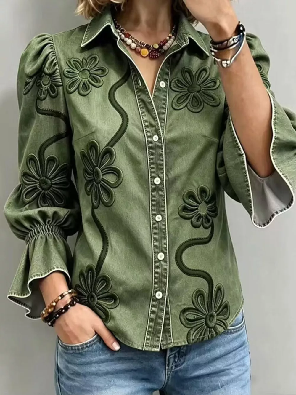 Full Size Denim Lock Floral Embroidered Shirt Plus Size, image 5