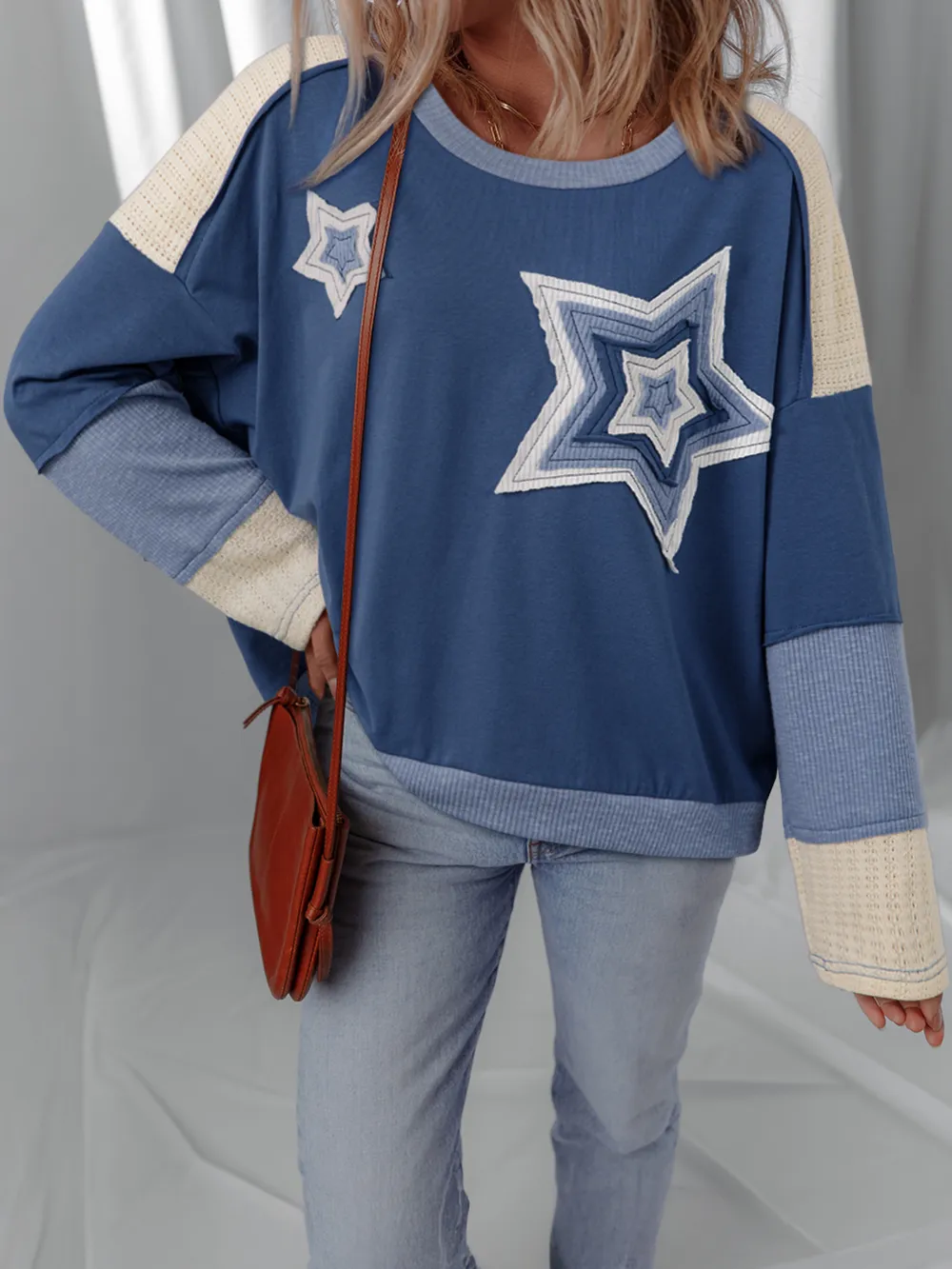 Contrast Knitted Colorblock Star Patchwork Oversize Long Sleeve Top